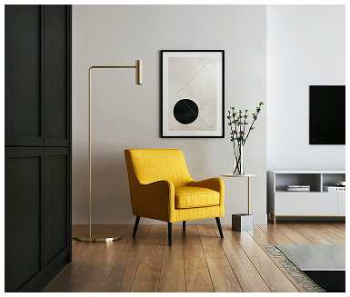 Modern living room with yellow accent chair, minimalist decor, and hardwood floors in a Port St. Lucie home