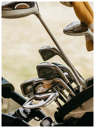 Golf clubs in a bag on a cart at a Port St. Lucie golf course community